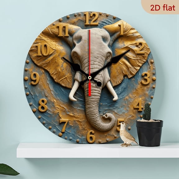10-inch 2D flat "Golden Elephant" theme wooden circular silent wall clock, suitable for modern home art decoration, wall decoration, it is an ideal gift for festivals and birthdays