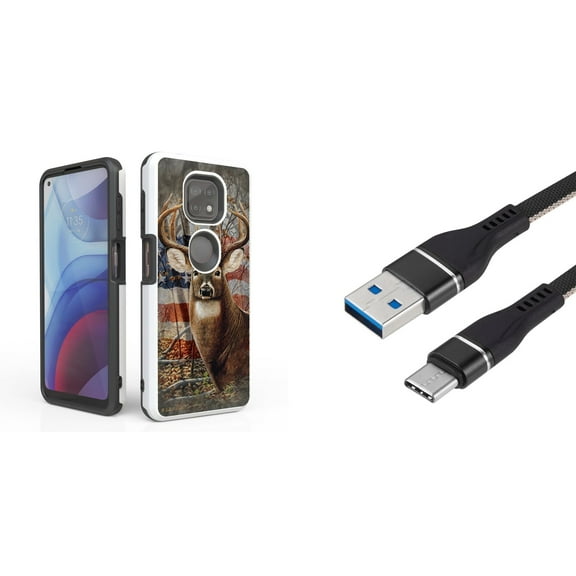 Bemz Accessory Bundle for Moto G Power (2021) Case with: Dual Shield Slim Rugged Hybrid Protective Cover, Fast Charging Sync USB-C to USB-A Cable (3 Feet) and Touch Tool - American Buck