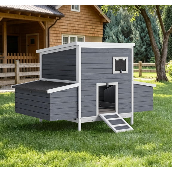 Outdoor Wooden Chicken Coop with Nesting Boxes & Lockable Doors, Weatherproof Pet House for Chicken, Rabbit, Guinea Pig and Duck, 62.2x38.6x38.6 in