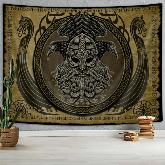 Vikings Ancient Tapestry, Norse Odin God Warrior Sword Axe Raven Tapestries, Scandinavian Norse Runes Tattoo Art Wall Hanging for Men Bedroom Aesthetic Gothic Room, 60X40IN