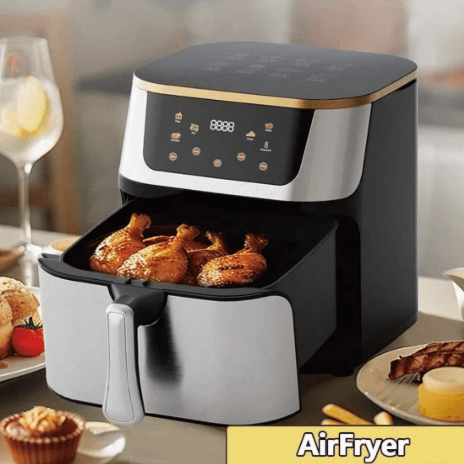 Stainless Steel Touch Screen Air Fryer, Customizable Program Options, Six In One Function, Crispy, Baked, Dehydrated, Baked, Reheated