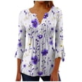 thumbnail image 3 of Sales of The Day Lightning BiZtdJrK Women's 3/4 Sleeve Tunic Tops Fashion Floral Printed Henley Shirts Casual Dressy V Neck Button Up Blouses Loose Ruched Flowy Pullover Purple M, 3 of 6