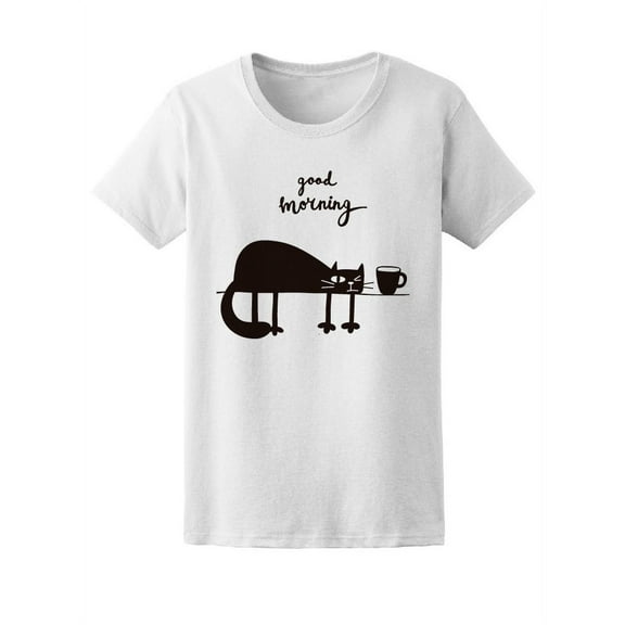 Funny Cartoon Cat Good Morning T-Shirt Women -Image by Shutterstock, Female Medium