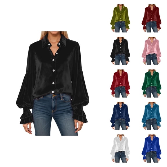 Long Sleeve Shirts for Women Velvet Lapel Collar Button Down Puff Sleeve Ruffled Flare Dressy Casual Office Work Blouse