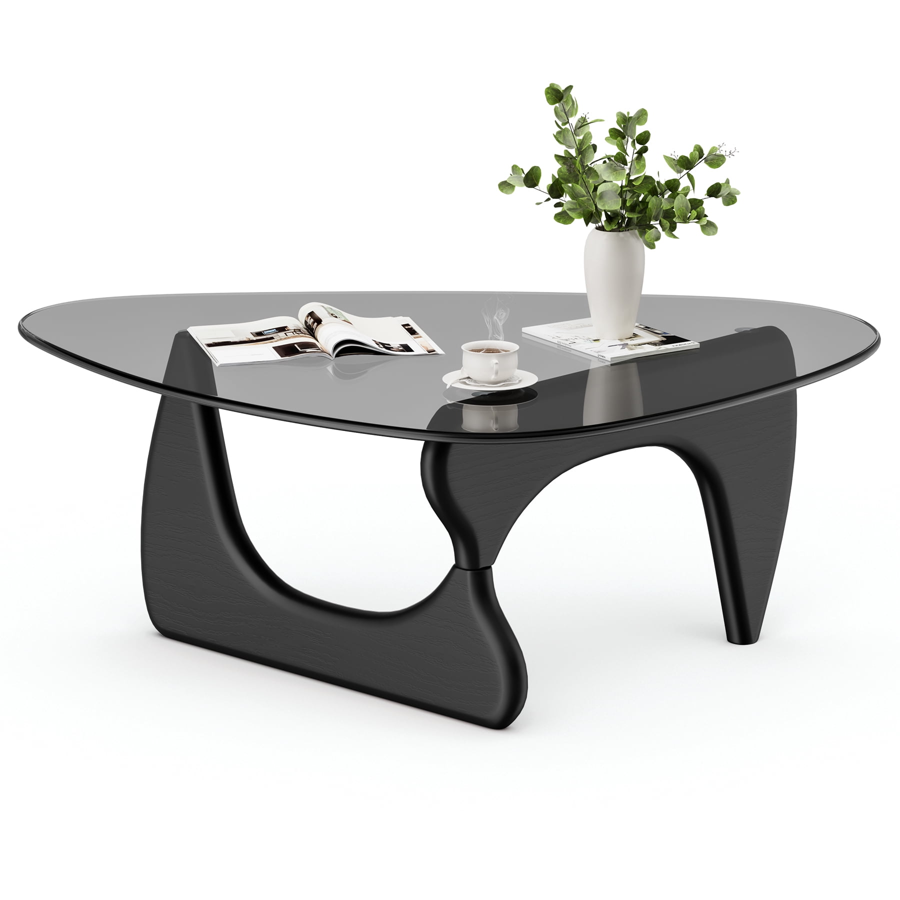 43" Mid Century Glass Coffee Table with Wood Base for Living Room Bedroom Office, Black + Grey Glass