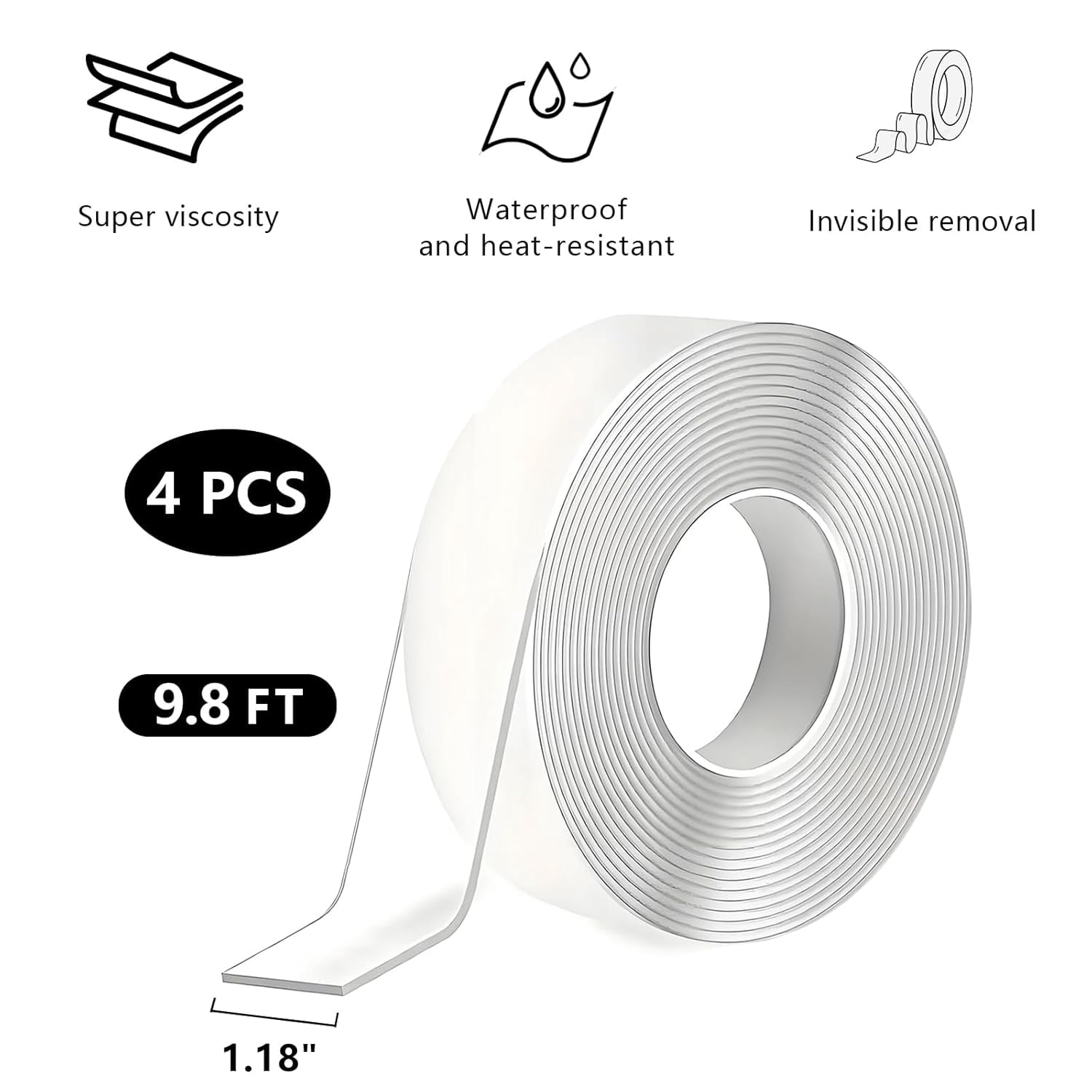 Nano Tape, Double Sided Tape, Removable Wall Tape for Hanging Picture, Poster, Carpet, Wall/Car/Home Mounting Strips, No Residue Clear Adhesive (4PCS)