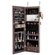 Fashion Jewelry Storage Mirror Cabinet With LED Lights Can Be Hung On The Door Or Wall, 47.3" H Door Hanger Jewelry Armoire Organizer with Mirror, 2 Drawers, Brown