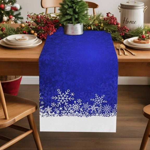 Christmas Snowflake on Navy Blue Table Runner 13x90in Non-Slip Cotton Linen Table Runners, Merry Xmas Snow Seamless Dresser Scarves TableRunner for Dinner Kitchen Dining Wedding Party