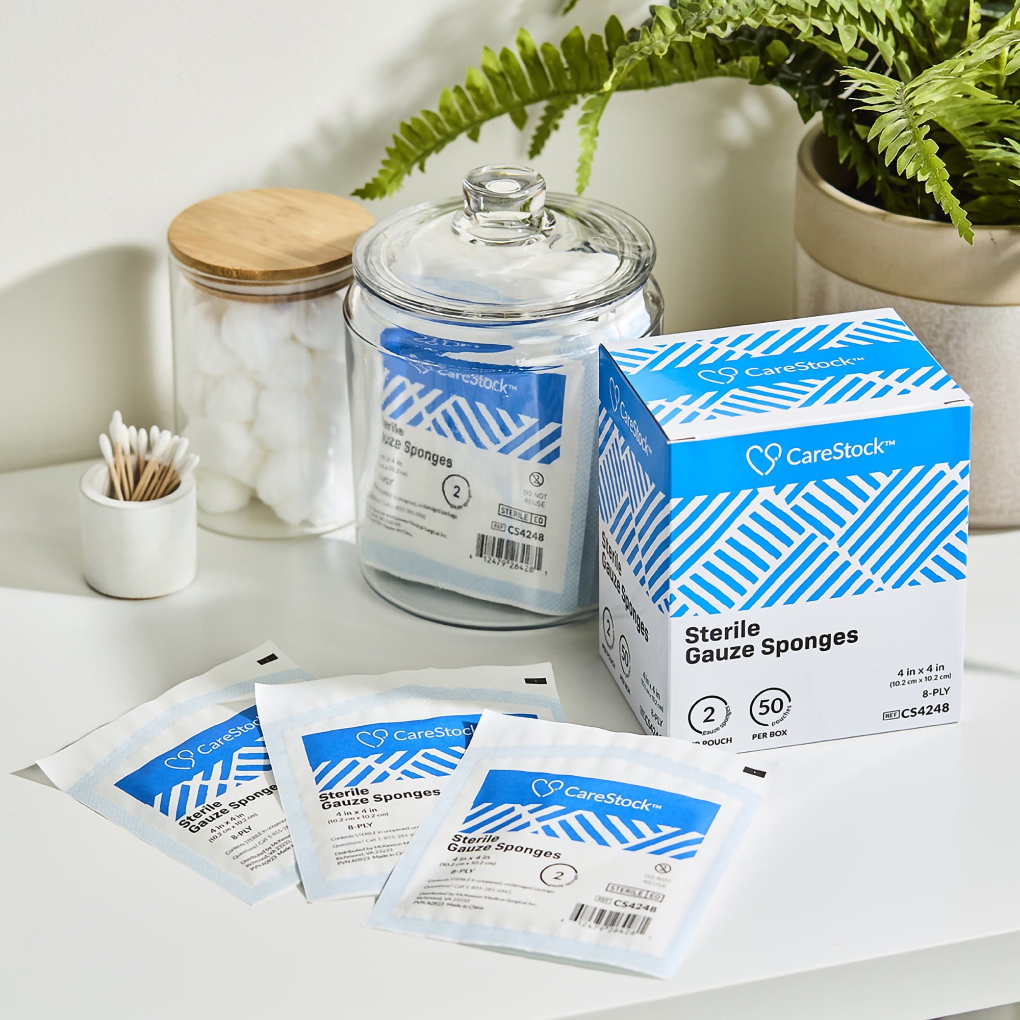 CareStock Gauze Sponge - Highly Absorbent, Medical-Grade Cotton Wound Dressing, First-Aid Essential - Sterile 8-Ply Square, 4 x 4 in., 2 per Pack, 600 Packs, 1200 Total