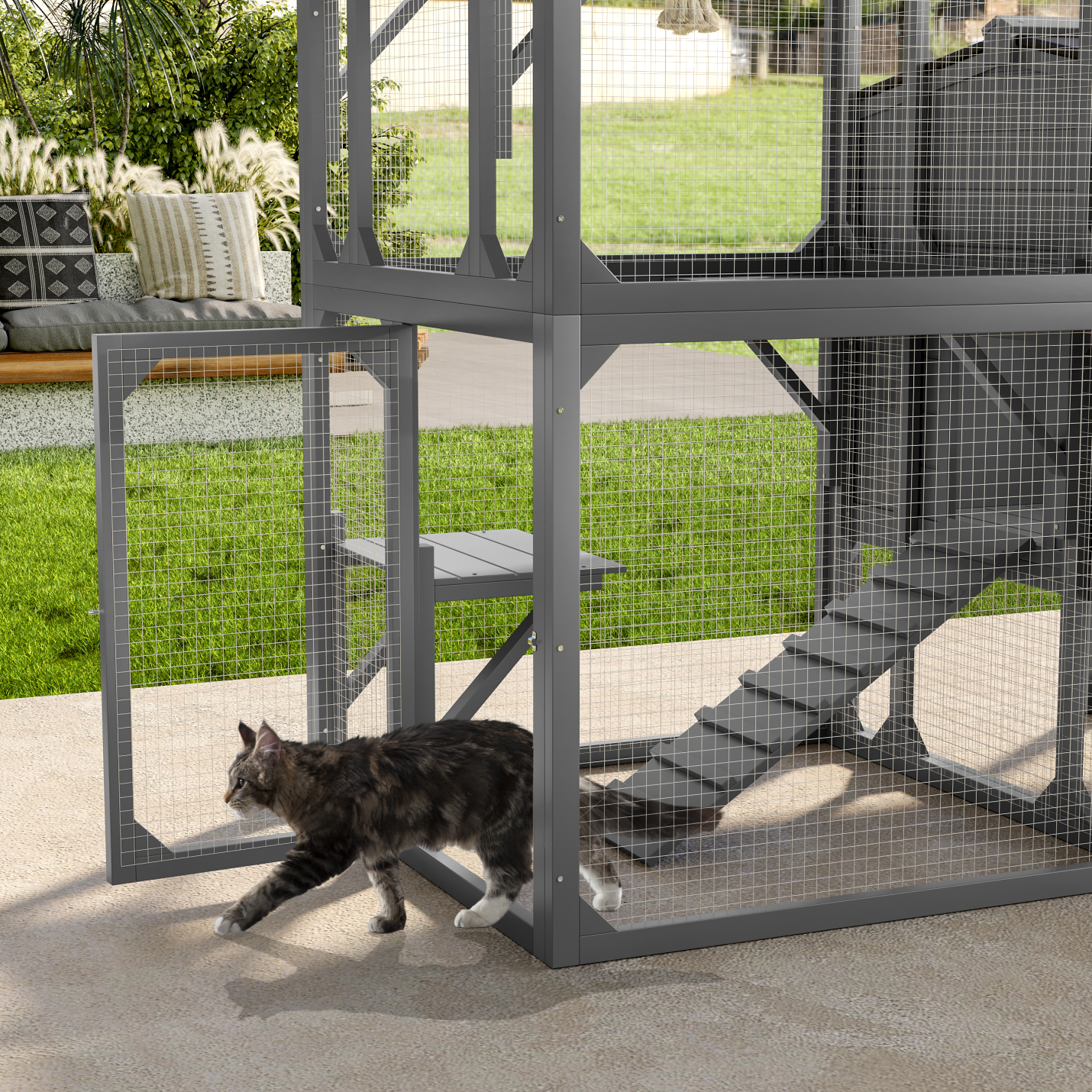 Outdoor Cat Enclosure with Play Platforms and Swing, Large Wooden Catio for Multiple Cats, Removable Waterproof Cover, UV Resistant, 2-Section Design, Gray