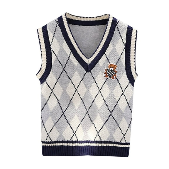 Fesfesfes Knitted Sweater Vest for Kids V-Neck Sleeveless Argyle Sweater Students Winter Thicken Warm Tops ,Size 1-9 Years