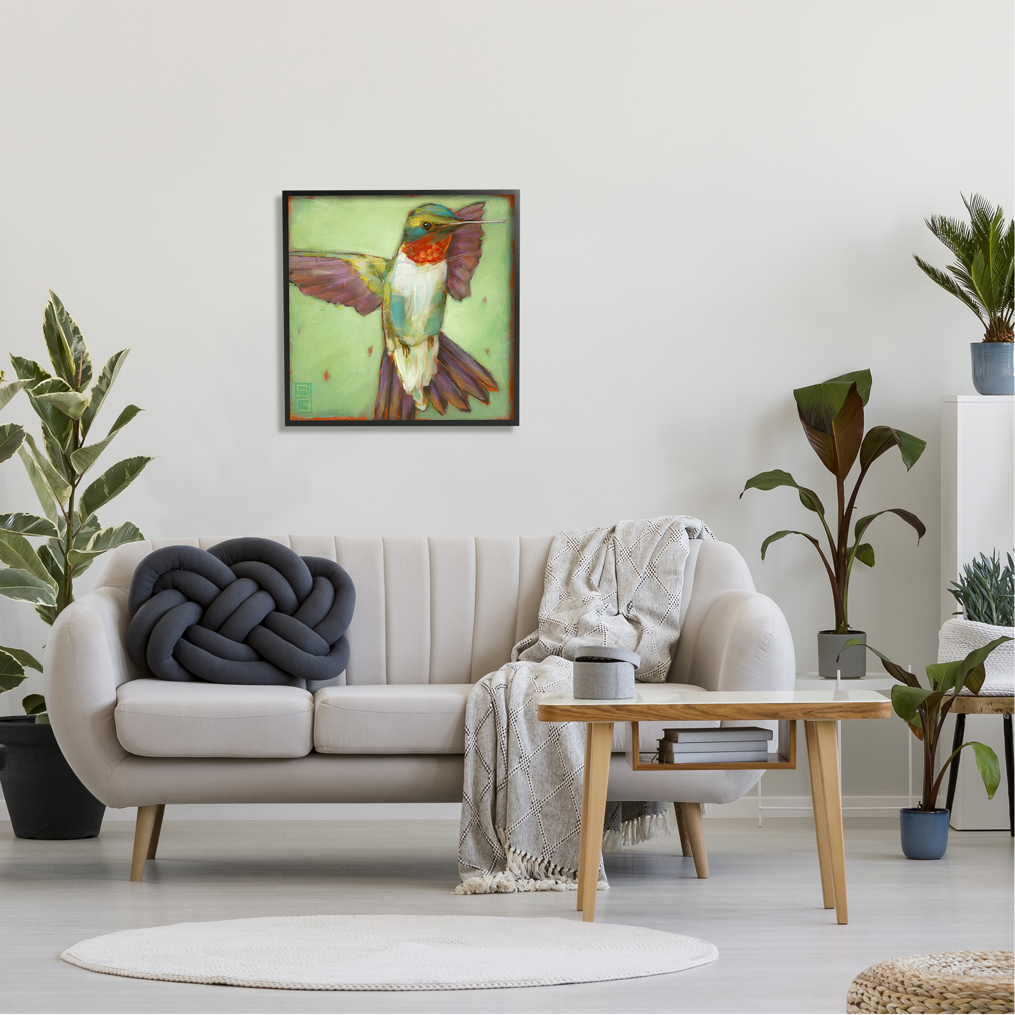 Stupell Industries Green Hummingbird Flying Animals & Insects Painting Black Framed Art Print Wall Art, 24 x 24
