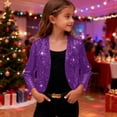 thumbnail image 4 of Girls Sequin Jacket Sparkly Glitter Open Front Cropped Blazer Lightweight 3/4 Length Sleeve Jacket Purple 130, 4 of 7