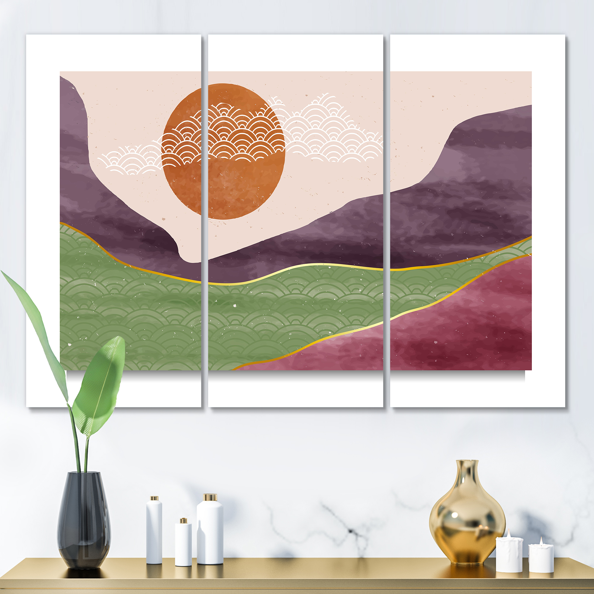 Designart ' Abstract Landscapes With Mountain River and Moon ' Modern Canvas Wall Art Print