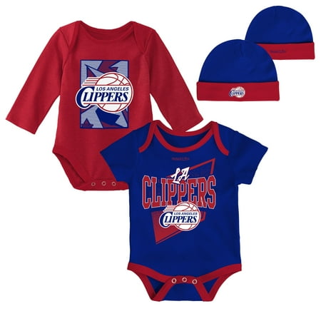 

Newborn & Infant Mitchell & Ness Royal/Red LA Clippers 3-Piece Hardwood Classics Bodysuits & Cuffed Knit Hat Set