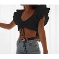 thumbnail image 4 of Women Square V Neck Crop Blouse, Feifei Sleeve Pull Up Drawstring Ruched Front Navel Short Blouse, 4 of 4