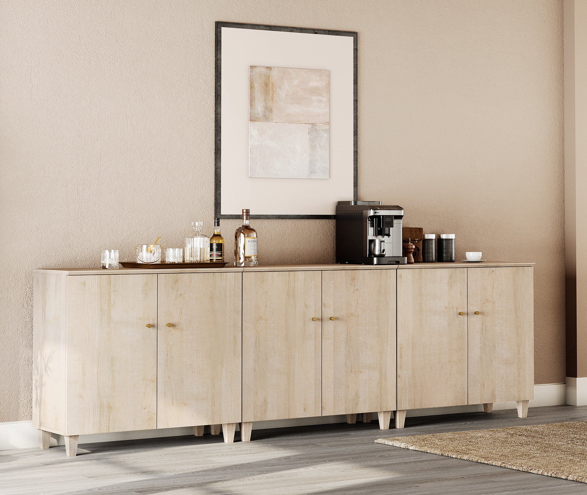 Sideboard Buffet Cabinet with 9 Compartments, 106" Wide, Light Oak Wood Finish
