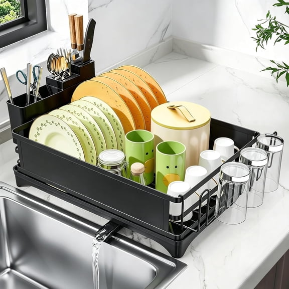 Dish Drying Rack, Space-Saving Large Dish Rack for Kitchen Counter, Anti-Rust Dish Drainer with Cutlery & Cup Holders, Black