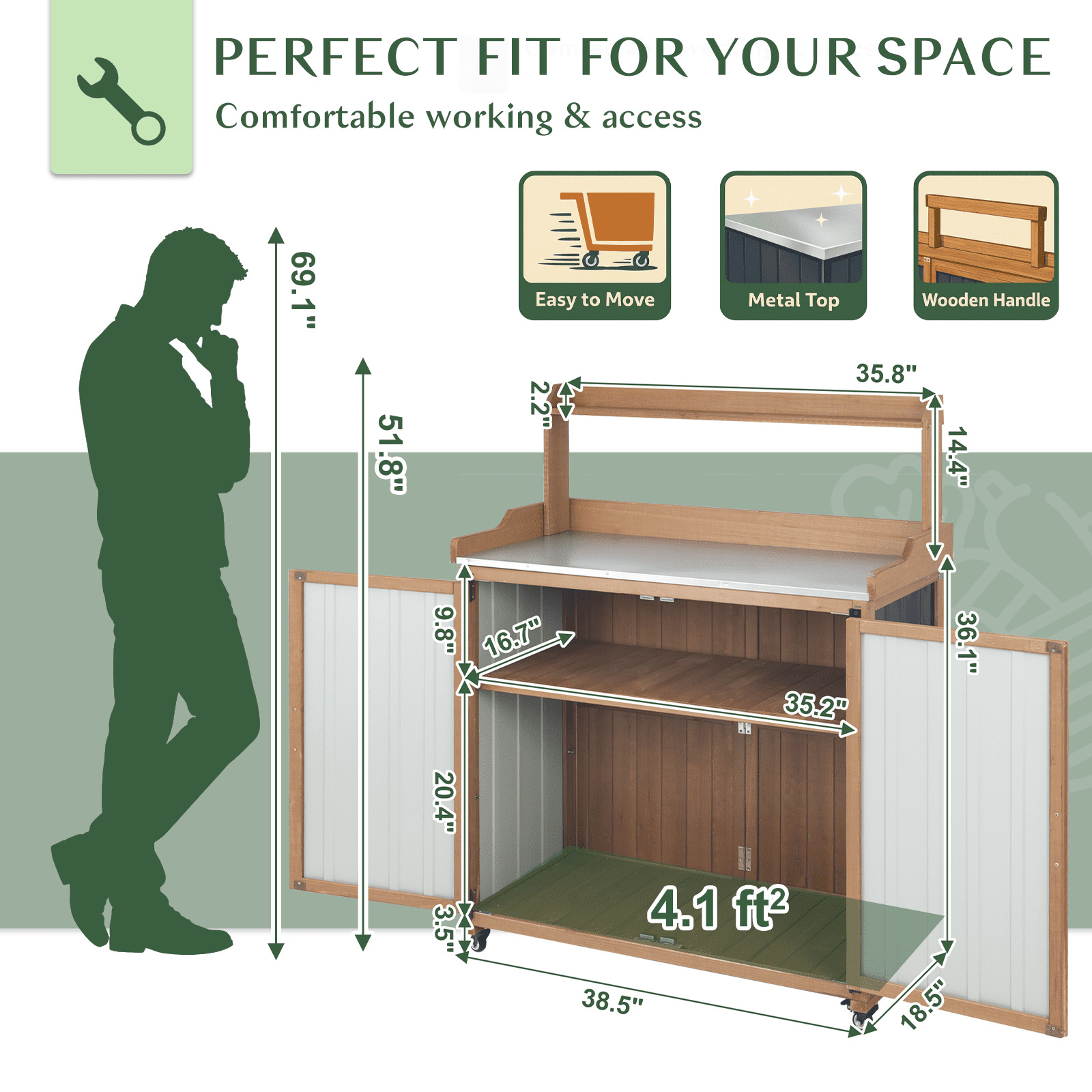 2-in-1 Outdoor Storage Cabinet & Potting Bench, Heavy Duty Metal Top Utility Station for Garden Tools, Easy Assembly