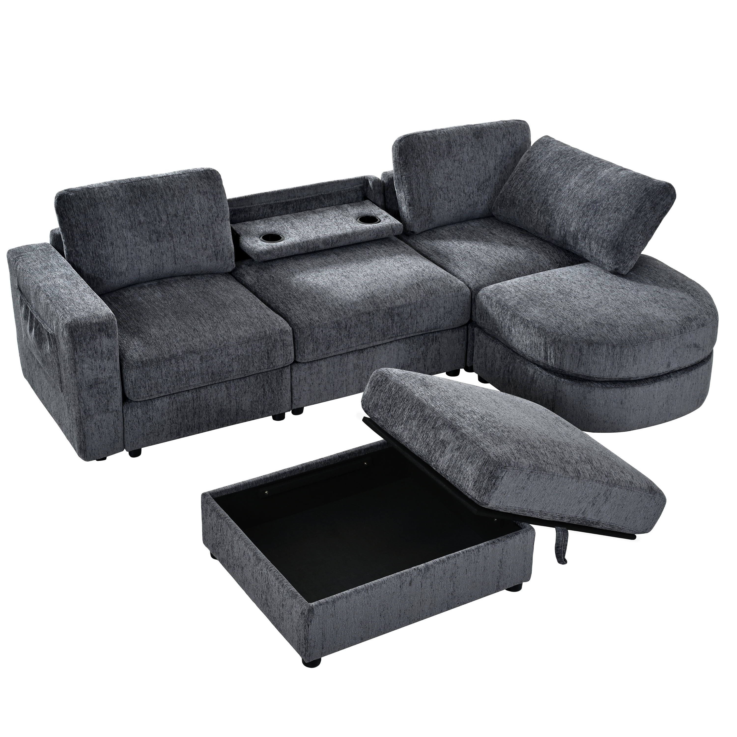 Wakefit 102.4" U-Shaped Sectional Sofa with Storage Ottoman & Curved Chaise,Modern Chenille Modular Couch with Drop-Down Console,Built-in Cup Holders & Side Pockets for Living Room,Grey