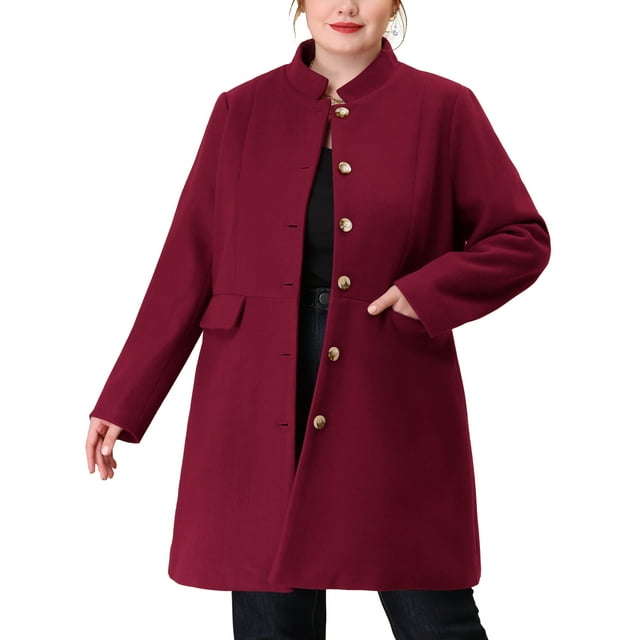 Agnes Orinda Manteau pour Femme Grande Taille Col Montant Poches Veste à Simple Boutonnage Manteau d'Automne Hiver 1X Rouge