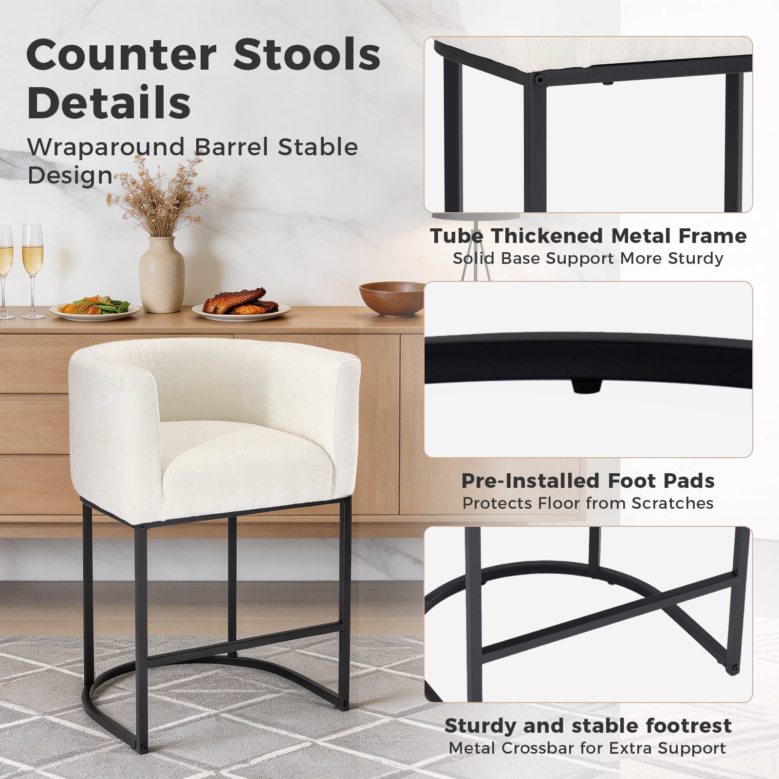 CONCETTA 27" H Barrel Bar Stool, Modern Counter Height Barstools with Linen Fabric Upholstered Seat, 350lbs Capacity Kitchen Island Chair, Bar Stools with Metal Sled Base and Footrest for Kitchen