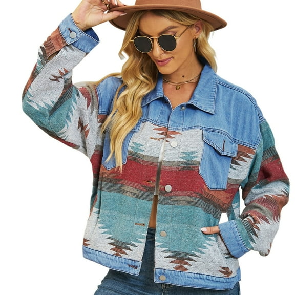 LYMAYTER Womens Washed Denim Jacket Colorblocking Casual Cowboy Outwear Spring Fall Long Sleeves Jeans Jacket S-XL