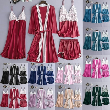 

Rong Yun 4PC Women Satin Lace Camisole Bowknot Shorts Nightdress Robe Pajamas Lingerie