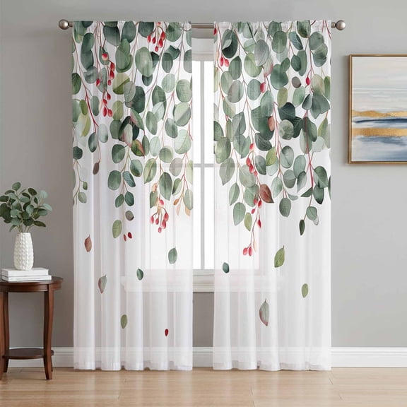 Green Botanical Semi Sheer Curtains 63 Inch Length 2 Panels Set, Watercolor Spring Eucalyptus Leaves Red Sheer Kitchen Curtain Privacy Voile Window Curtain for Living Room Bedroom Rod Pocket Drapes
