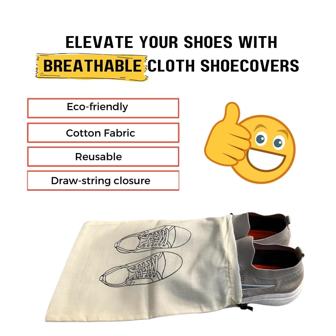 IVILLAGE Premium Reusable and Washable 100% Pure Cotton Fabric Shoe Covers/Bags with Drawstring Closure|Handcrafted Doodle Collection| Ideal for Travel, Home and Storage|Pack of 12|Off-White|Male