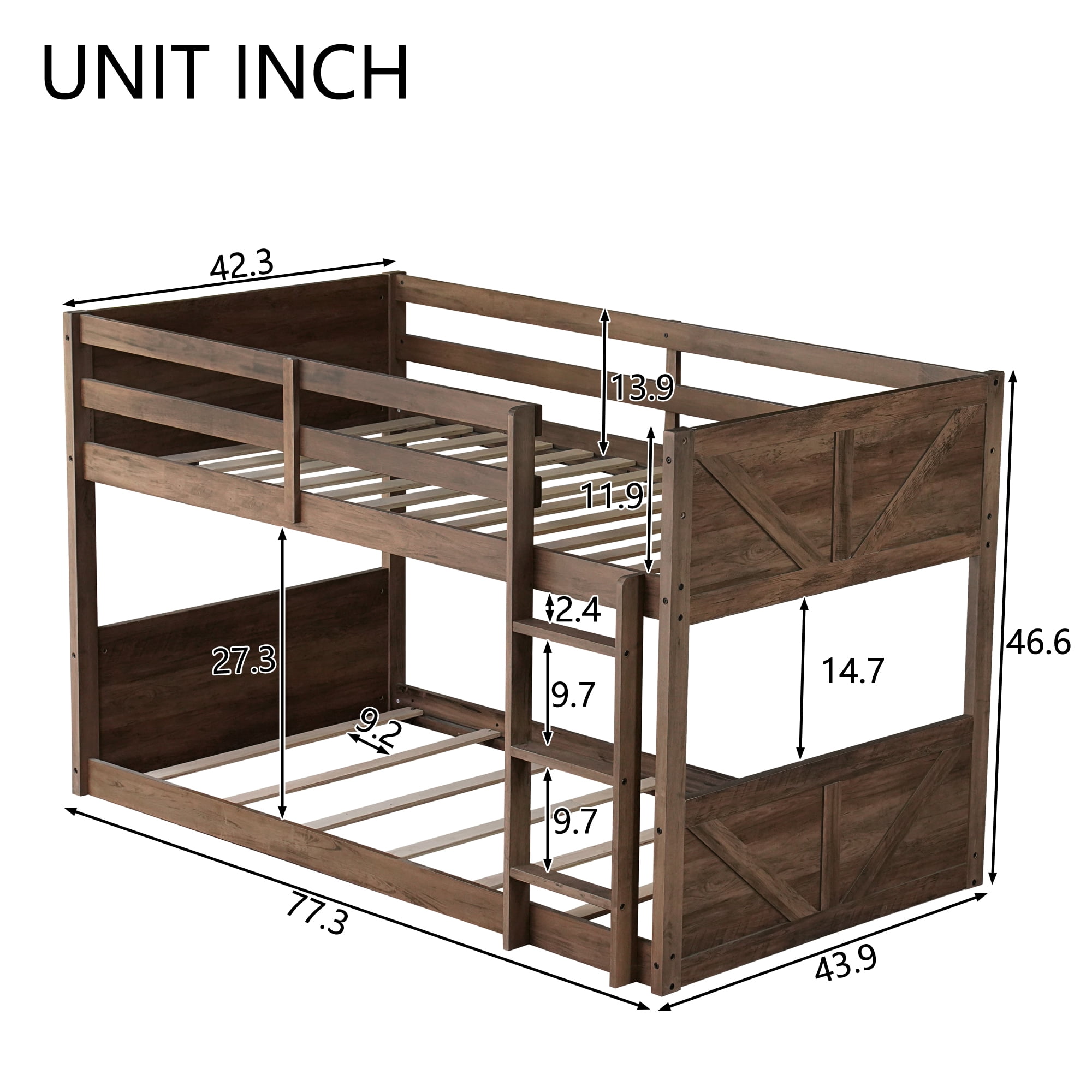 Alvantor Twin Over Twin Bunk Bed, Wooden Low Bunk Bed with Full-Length Guardrails and Ladder, Space-Saving Bed Frame for Kids, Antique Oak