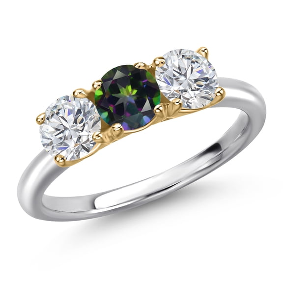 Gem Stone King 10K Two Tone Gold Green Mystic Topaz and Lab Grown Diamond Engagement Ring for Women | 1.55 Cttw | Round 5MM | Gemstone November Birthstone | Size 8