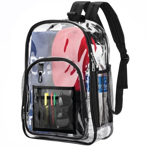 Garnen 17" Clear Backpack Heavy Duty Large Capacity Transparent PVC See Though Bookbag for Stadium Events School College Work Travel Men Women, Black