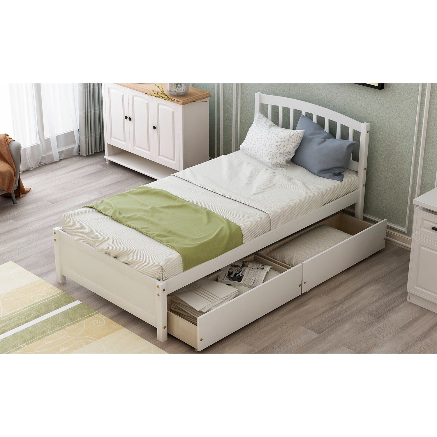 Kadyn Wooden Twin Platform Bed Frame, Storage Bed Platform Bed Frame with Two Drawers and Headboard, Modern Twin Size Bed Frame for Kids Adults, White Kadyn Wooden Twin Platform Bed Frame, Storage Bed Platform Bed Frame with Two Drawers and Headboard, Modern Twin Size Bed Frame for Kids Adults, White