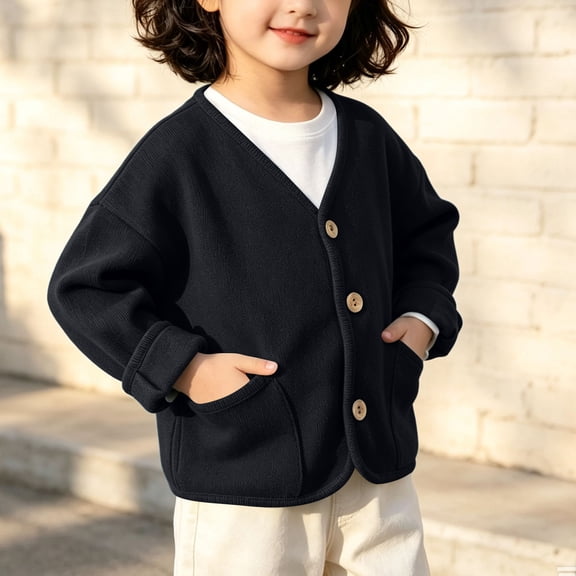 Samdudou Girls Cardigan Sweaters V Neck Button Down Jackets Kids Fall Winter Warm Outerwear Casual Knit Coats Solid Daily Coat with Patch Pockets Size 1-6 Years