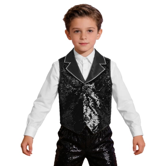 Hansber Boys' Sequin Suit Vest Sparkly Slim Fit Tuxedo Waistcoat 70s Disco Prom Party Tops for Kids Black 14