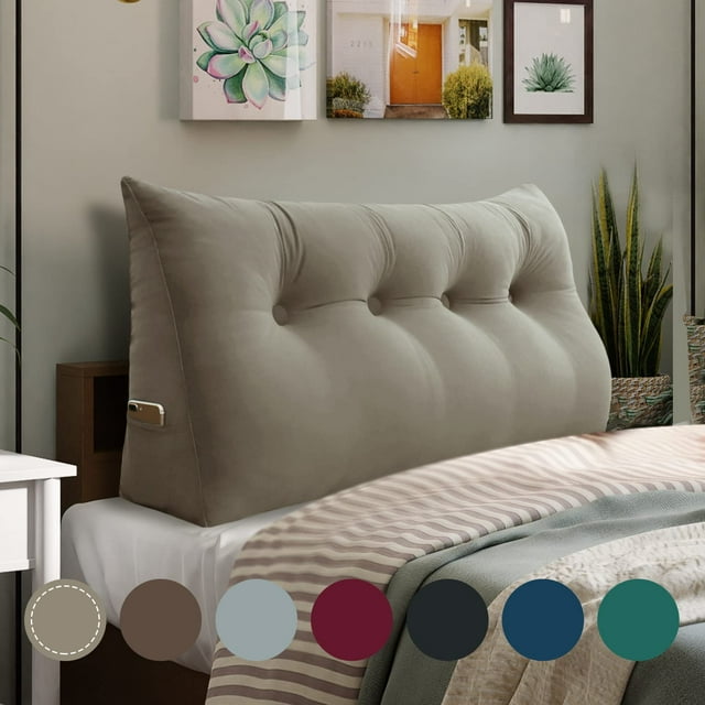 WOWMAX Large Bolster Triangular Headboard Backrest Positioning Support Back Pillow for Sitting in Bed Wedge Pillow Headboard for Day Bed Removable Cover, Gifts for Mom Full Velvet Beige-Gray