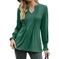 thumbnail image 3 of Hibeli Women Pleated V Neck Puff Long Sleeve Smocked Cuff Solid Color Top, 3 of 7