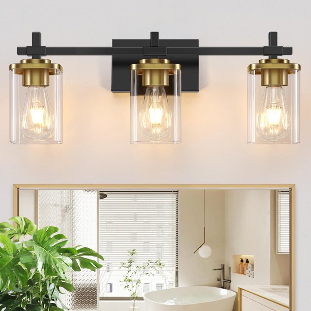 Luminaria de baño Spiglamm de 3 luces en negro y dorado para tocador