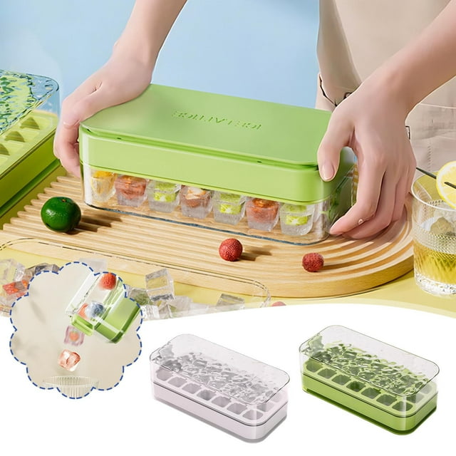 Bandeja de cubitos de hielo con caja de almacenamiento de hielo | Comunicado de prensa de plástico apto para alimentos con una sola mano | Diseño claro y fácil de limpiar | Incluye tapa, pala de