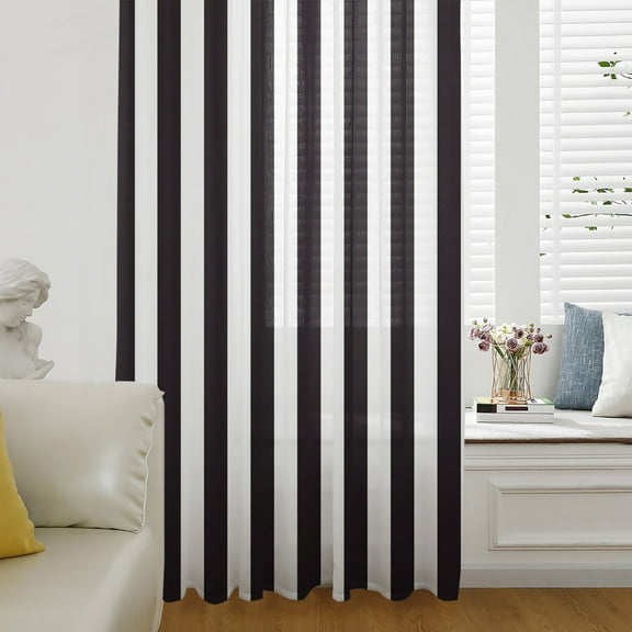 Simple Black White Stripes Semi Sheer Curtains Drapes for Living Room, Bedroom, French Doors Window 96 Inches Long, Modern Stripes Rod Pocket Chiffon Curtain Drapery Voile Draperies Panel