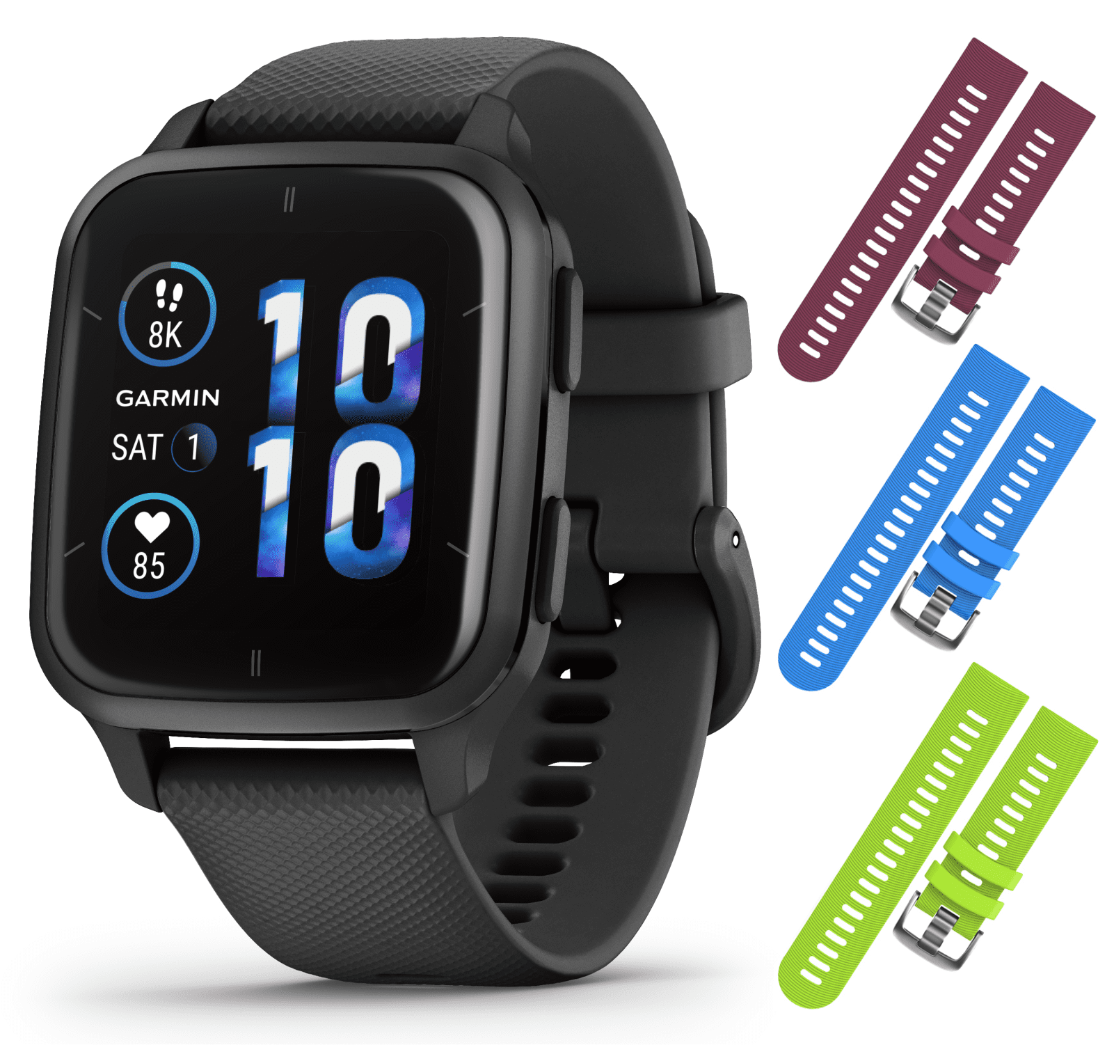 Venu Sq 2 - Music Edition, GPS Smartwatch, All-Day Monitoring, Long-Lasting Battery Life, AMOLED Black/Slate with 3 Straps Bundle (Black/Lime/White) - Walmart.com