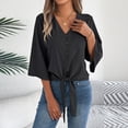thumbnail image 2 of Vynhevius Womens 3/4 Sleeve Blouses V Neck Button Front Tie Hem Flared Solid Loose Casual Pullover Shirts, 2 of 8