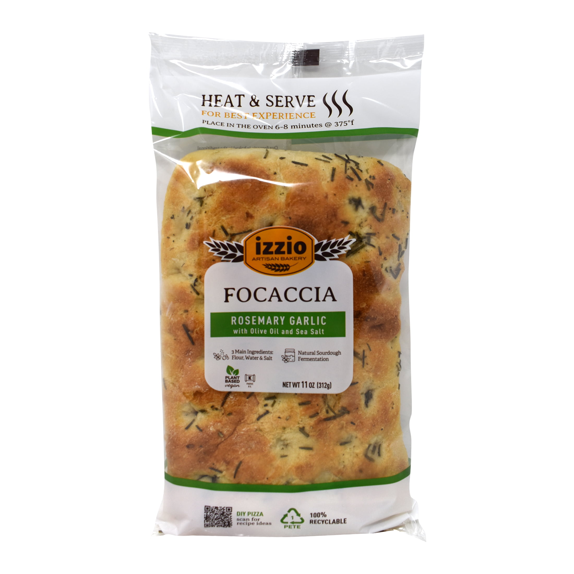 (2 pack) Izzio, Rosemary Garlic Focaccia, Whole, Regular Sized 11 fl oz Plastic Bag (Frozen)