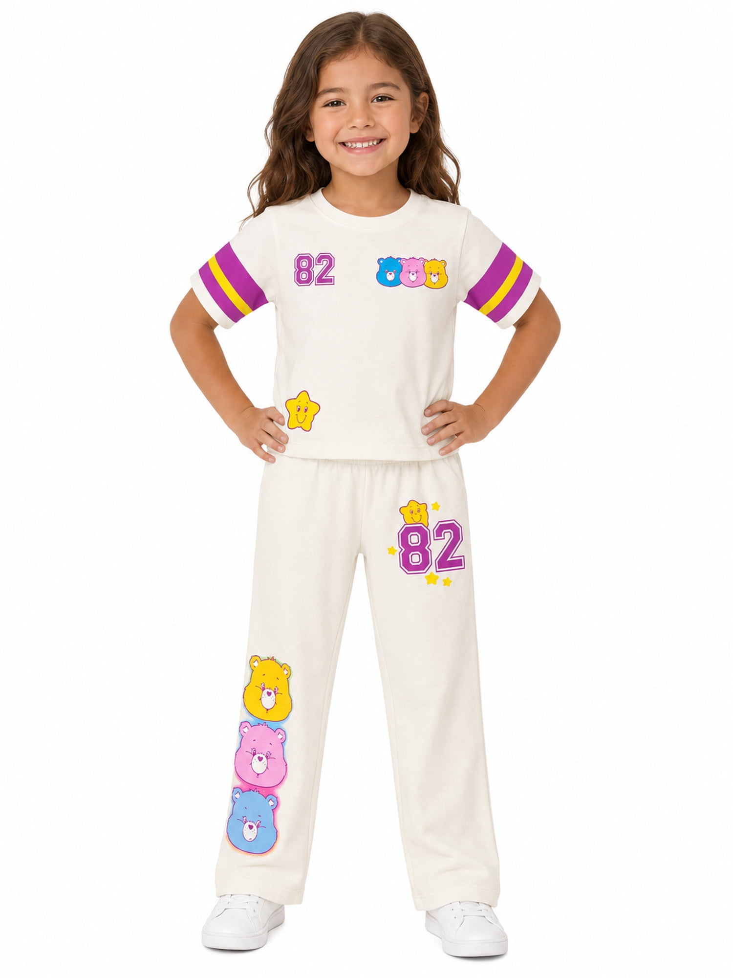 Care Bears Girls' Athletic Front & Back T-shirt with Embroidery & Straight Leg Fleece Pants, 2-Piece, Sizes 4-16