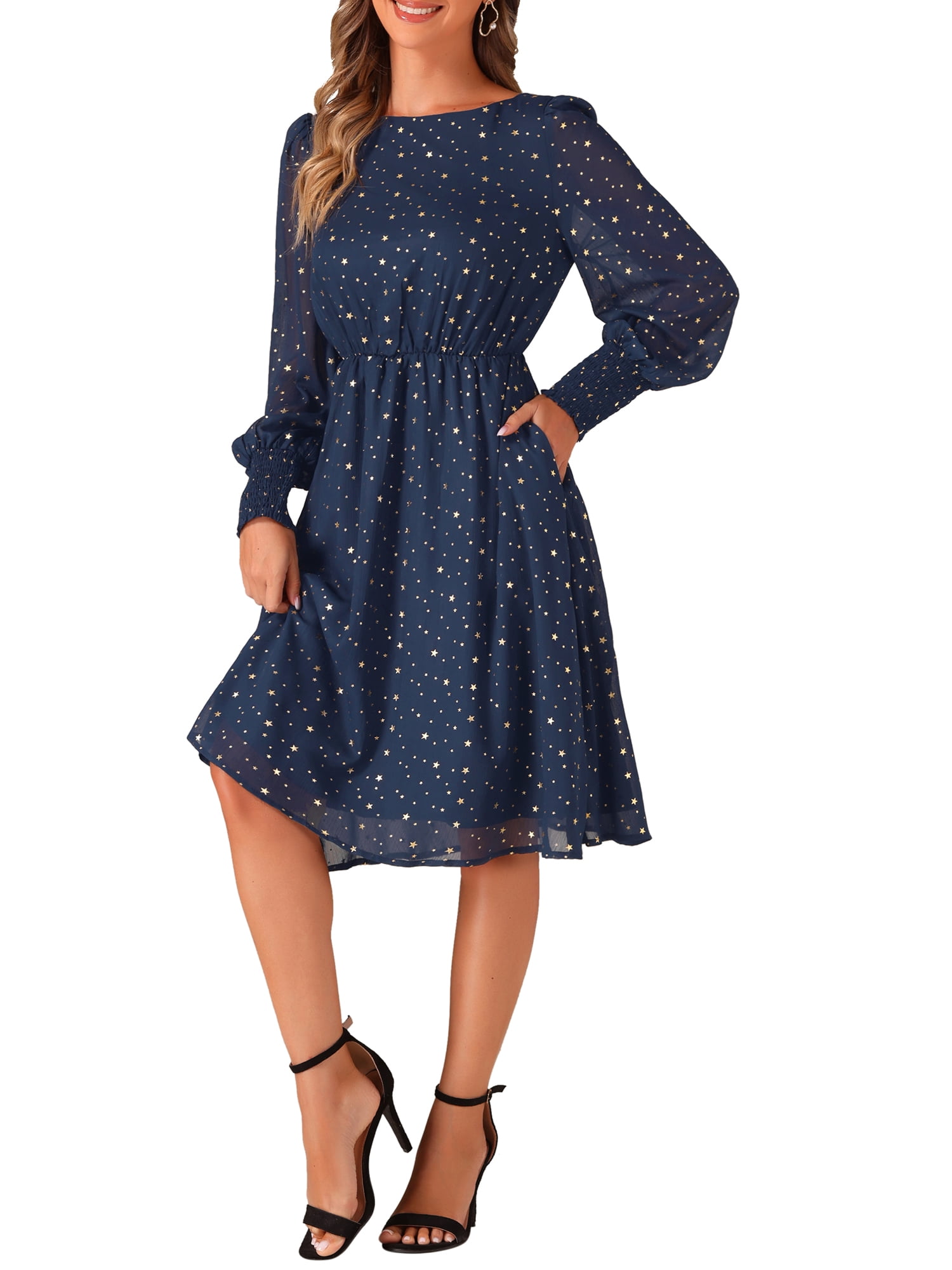 DARING DIVA Puff Long Sleeve Elastic Waist Mesh Dress M Dark Blue