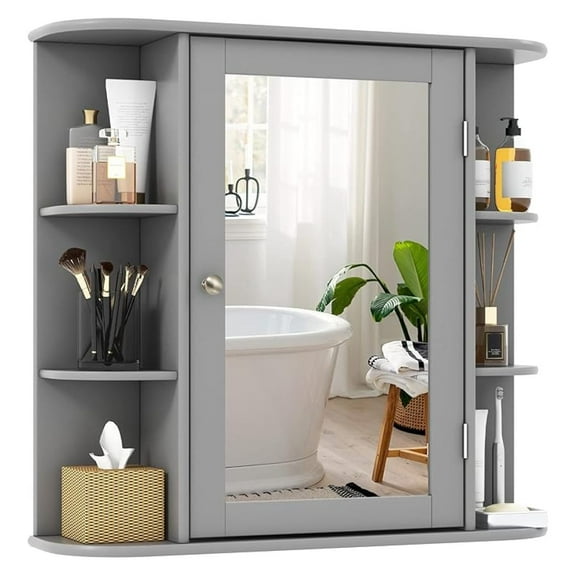 WDZS Bathroom Medicine Cabinet with Mirror, Wall Mounted Home Storage with Door & 6 Open Shelves, Adjustable Shelves, Mirrored Bathroom Wall Cabinet (Gray)