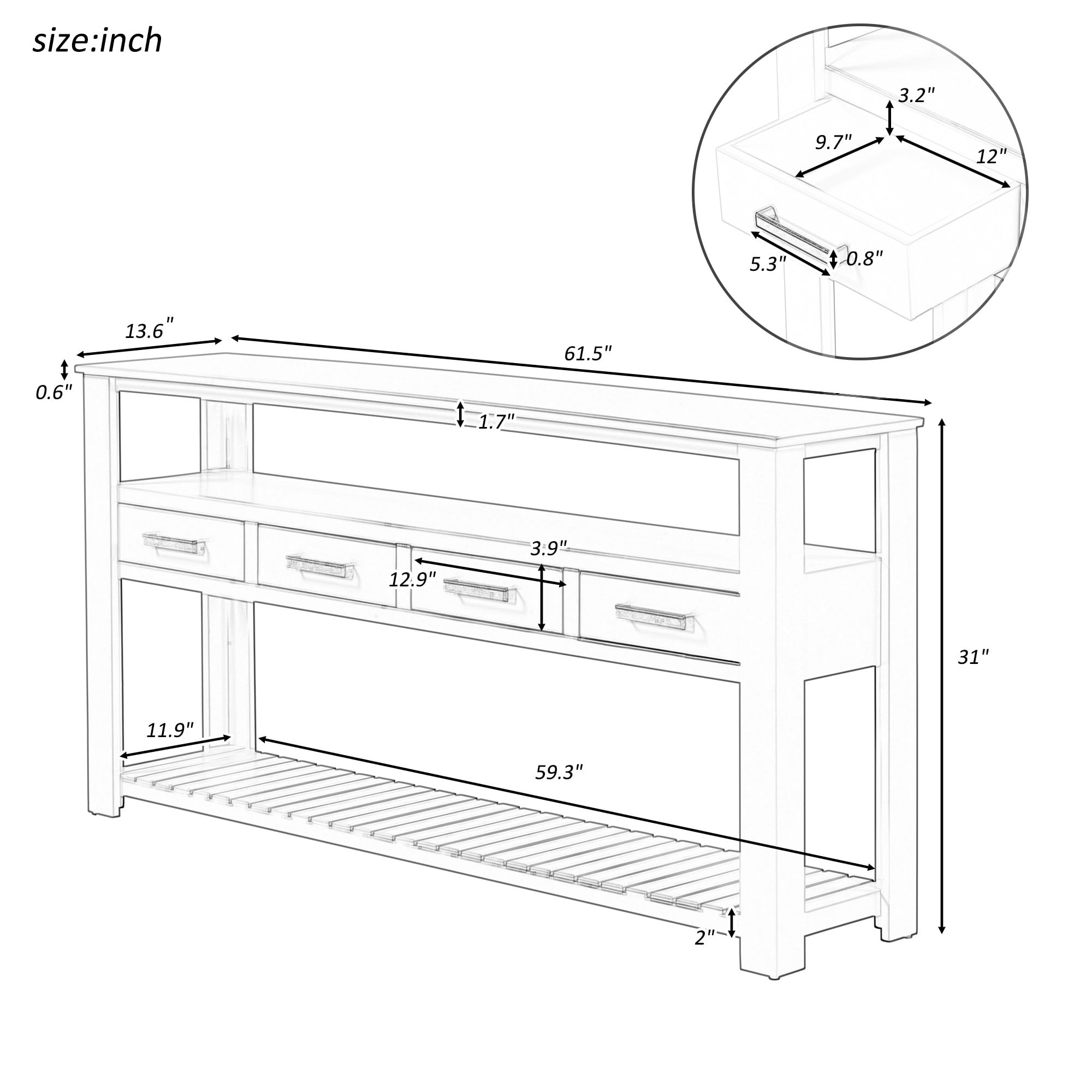 3-Tier Storage Console Table with 4-Drawer, Long Entryway Cabinet DisplayTable with Open Shelf, Versatile Sofa Table with Pine Legs