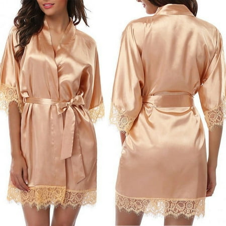 Women Lace Sleepwear Robe Summer Middle Lace Sleece Bathrobe Sexy Lingerie Half Sleeve Solid Short Sleepshirt Nightgowns