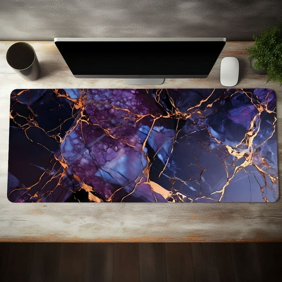 1pc Purple Golden Dark Marble Large Gaming Mouse Pad For Desk, Cool Desk Mat With Non-Slip Rubber Base Stitched Edge, Mouse Pad 31.5*15.7in For Work, Game, Office, Home, Gifts